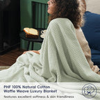 PHF Pre-Washed Cotton Waffle Weave Blanket Throw Size for Couch Bed,Snag Proof Spring Summer,Lightweight Breathable,Oeko-TEX Certified,Machine Washable, Home Decor Gift，Sage Green