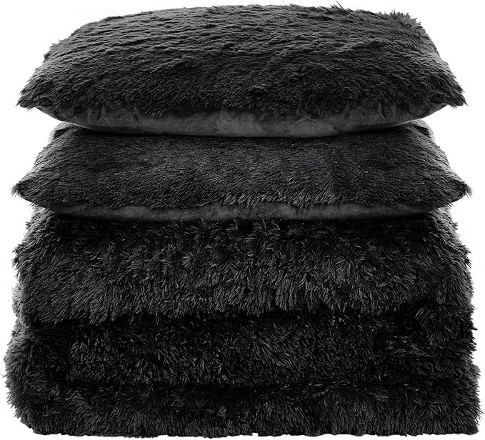 King Luxury Faux Fur Comforter Set - Soft & Breathable 7-Piece Bedding Collection - 1 Comforter, 1 Fitted Sheet, 1 Flat, 2 Pillowcases, 2 Pillow Shams - Deep Pocket - Premium Quality, Black