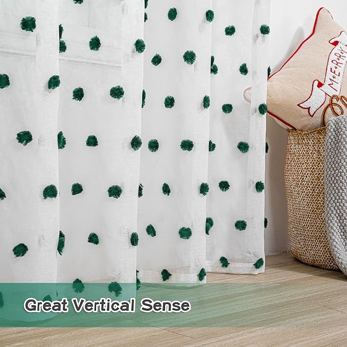 MYSKY HOME Kitchen Curtains 54 Inches Long Small Window Curtains for Christmas Hunter Green Pom Pom Curtains for Cafe Bedroom Nursery Boys Room Rod Pocket 2 Pieces Drapes 52 x 54 inch Length