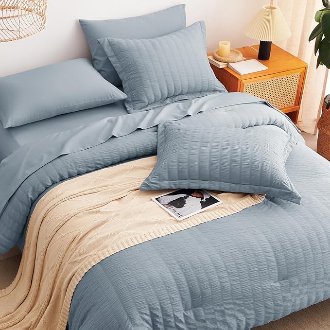 CozyLux Grayish Blue King Size Comforter Set Seersucker 7 Pieces Dusty Blue Bed in a Bag King Comforter Set with Sheets, Luxury Bedding Set with Down Alternative Comforter, Sheets, Pillowcases & Shams