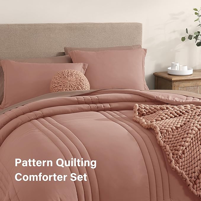 Monbix Full Comforter Set - 7 Pieces Clay Pink Bed in a Bag Full Size Bedding Sets with Comforters, All Seasons Down Alternative Comforter with Sheets,Pillowcases & Shams