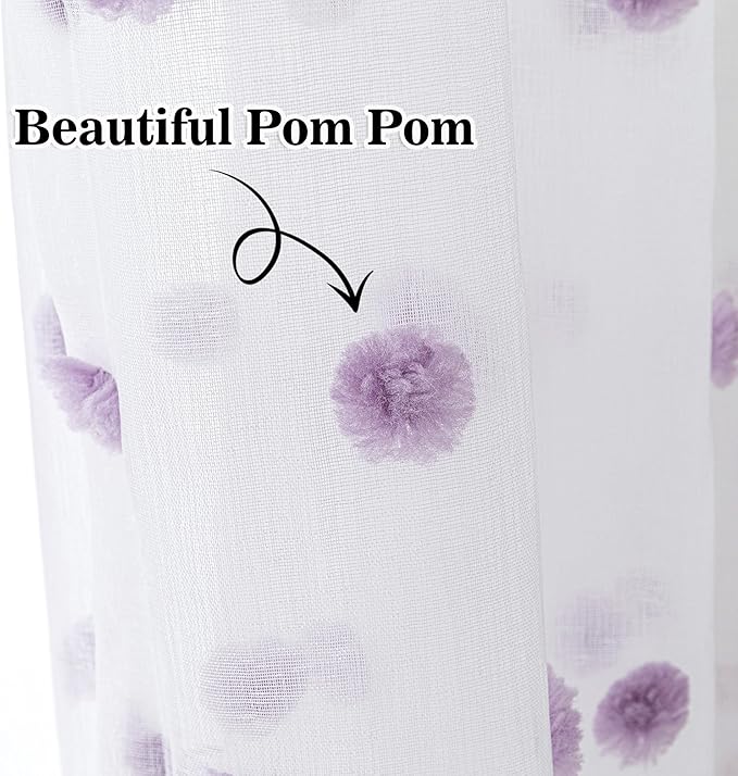 MYSKY HOME Purple Curtains for Girls Bedroom 90 Inch Long White Sheer Curtains with Lilac Pom Pom for Living Room Nursery Curtains 2 Panels Light Filtering Rod Pocket Semi Window Drapes 52 x 90 inch