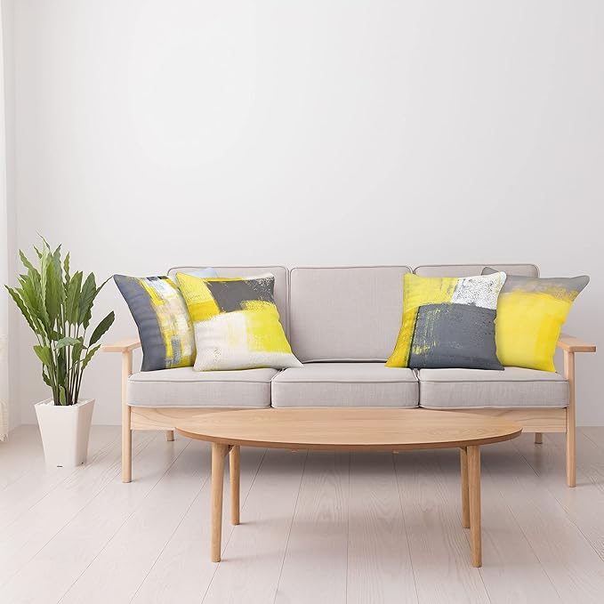 Ambesonne Modern Throw Pillow Cushion Case Pack of 4, Abstract Grunge Themed Geometric Squares with Paintbrush Stroke Effect Ornament, Modern Accent Double-Sided Digital Printing, 24", Yellow Grey