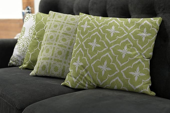 Ambesonne Vintage Throw Pillow Cushion Case Pack of 4, Monochrome Design Grid Trellis Quatrefoil Mesh and Dahlia Flowers Modern, Modern Accent Double-Sided Digital Printing, 24", Olive Green