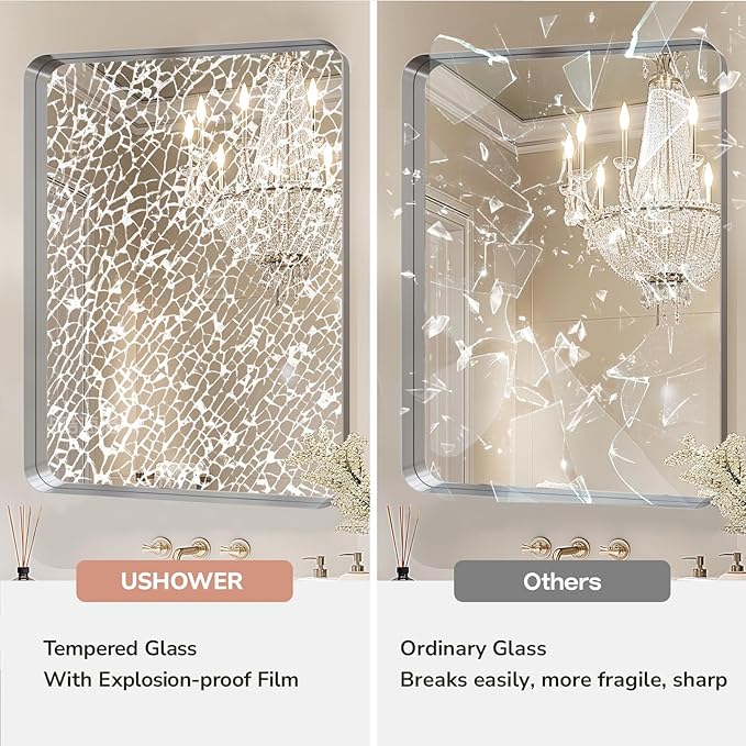 USHOWER Brushed Nickel Bathroom Mirror 22"x30", Silver Rectangle Mirror for Over Sink, Rounded Corner, Aluminum Frame, Anti-Rust, Tempered Glass, Horizontal or Vertical Mounted