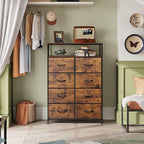 WLIVE Fabric Dresser for Bedroom with Open Shelves, Tall Dresser with 8 Drawers, Storage Tower with Fabric Bins, Chest of Drawers for Closet, Hallway, Rustic Brown Wood Grain Print
