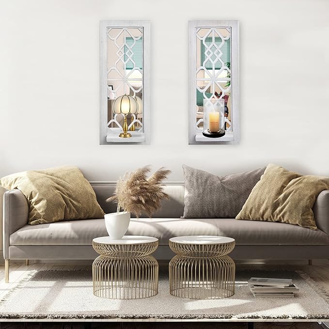 Wood Wall Sconce Candle Holder Set 2, Rustic Candle Sconces, Farmhouse Hanging Wall Décor, Carved Wood Frame, Mirrored Wall Accent