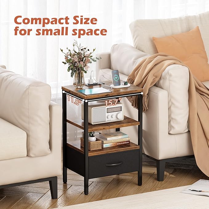 SUPERJARE Nightstand Set of 2, Bed Side Tables with Charging Station, Adjustable Fabric Drawer, Night Stand for Bedroom, 3-Tier Storage End Tables, for Living Room, Rustic Brown and Black