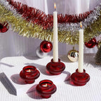VOHO 12pcs Ribbed Taper Candle Holders for Table Centerpiece, Romantic Red Glass Candle Holder for Anniversary Wedding Decor, Double-Sided Red Tapered Candlestick Holders for Tealight & Taper Candles