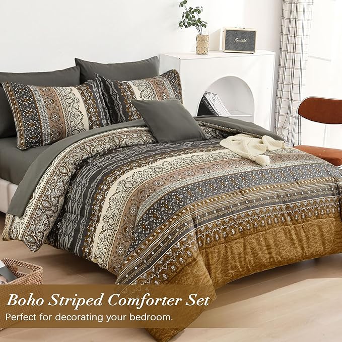 Cottolester Boho Comforter Set California King Size 8 Pieces,Brown Black Bohemian Comforter Paisley Striped Bed in A Bag,Soft Microfiber Bedding Set for All Season