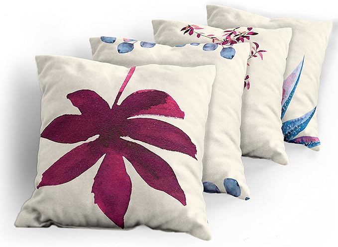 Ambesonne Botanical Throw Pillow Cushion Case Pack of 4, Minimalist Watercolor Painting Leaves Agave Branches Plant in a Pot, Modern Accent Double-Sided Digital Printing, 20", Dark Pink and Ceil Blue