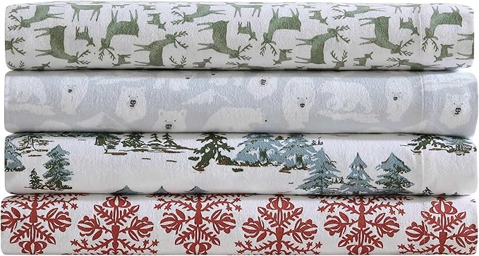Eddie Bauer - Flannel Sheets Queen Size, Anti-Pilling & Wrinkle Resistant Cotton, Touchably Soft for All-Season Comfort - Bed Sheets with Matching Pillowcases & Fitted Sheet (Jolly Trees Red)