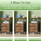 Furnulem Night Stand with Charging Station, USB Ports and Outlets, 28.3 Inch Tall Bedside Table with Wood Shelf, 3 Fabric Drawers Side Table for Bedroom, 3 Ways to Use, Rustic Brown