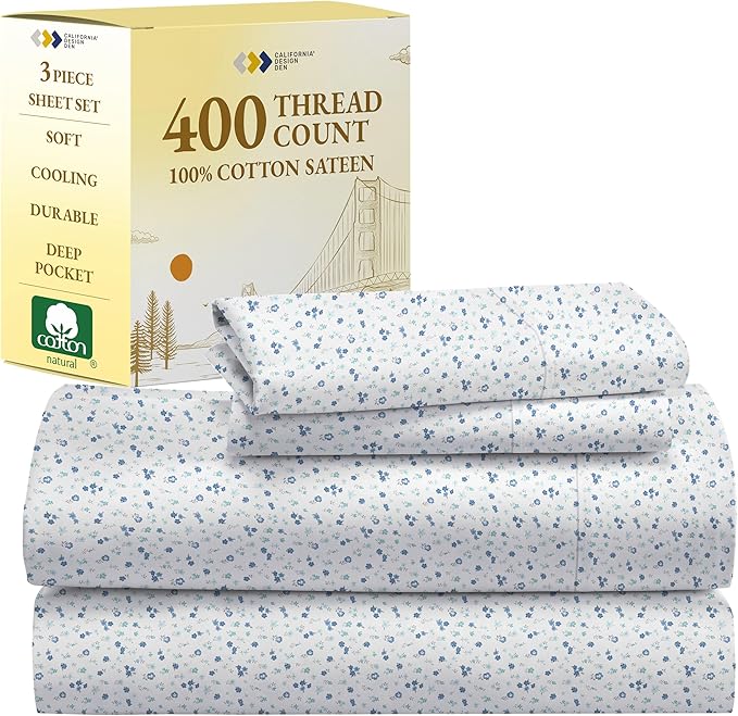California Design Den Printed Twin XL Sheet Sets - 400 Thread Count Sateen, Natural 100% Cotton Sheets, Deep Pockets, Cooling and Durable Bedding Set - Blooming Meadows