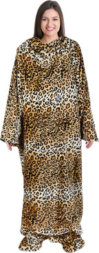 Catalonia Wearable Fleece Blanket with Sleeves and Foot Pockets for Adult Women Men, Micro Plush Comfy Wrap Sleeved Throw Blanket Robe Large, Cheetah