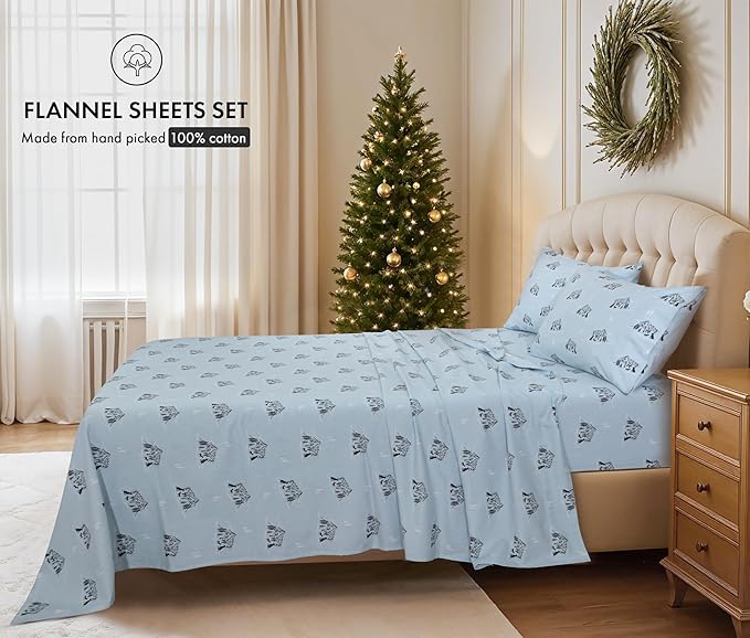 RUVANTI Flannel Sheets Full Size - 100% Cotton Double Brushed Bed Sheets Set, Deep Pockets 16 Inches, All Seasons Breathable & Extra Soft Full Sheets, Warm & Cozy, 4 Piece, Soul Dog