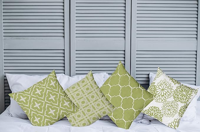 Ambesonne Vintage Throw Pillow Cushion Case Pack of 4, Monochrome Design Grid Trellis Quatrefoil Mesh and Dahlia Flowers Modern, Modern Accent Double-Sided Digital Printing, 24", Olive Green