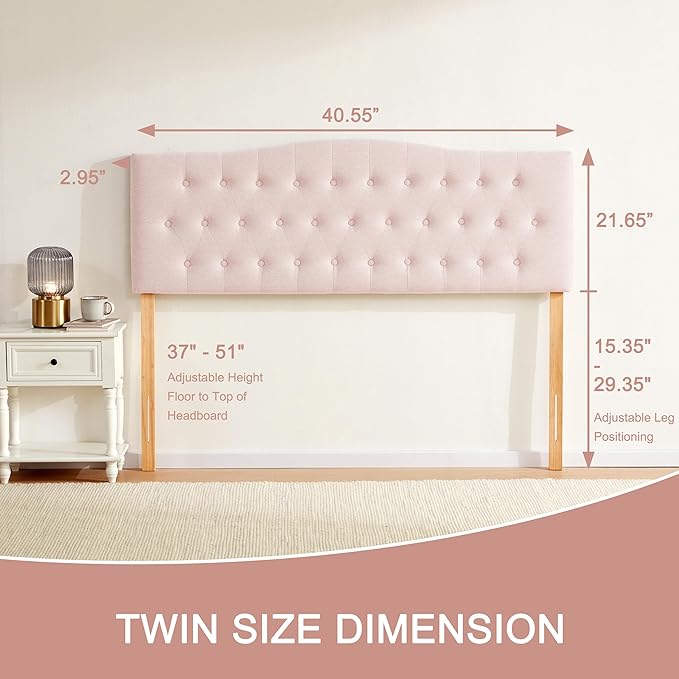 Tufted Upholstered Headboard Twin Size, Sturdy and Durable Solid Wood Bed headboard, Fabric Headboard Adjustable Height from 37” to 51”, Modern Button Diamond Design Head Board, Pink