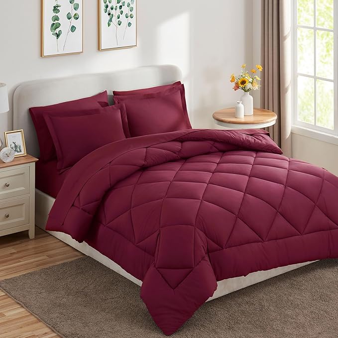 CozyLux Full Size Comforter Sets Burgundy - 7 Pieces Bed in a Bag Full, Luxury Soft Bed Set for All Seasons, Bedding Set with Down Alternative Comforter, Sheets, Pillowcases & Shams, Red
