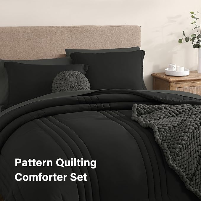 Monbix Queen Comforter Set - 7 Pieces Black Bed in a Bag Queen Bedding Sets with Comforters, All Seasons Down Alternative Comforter Bed Set with Sheets,Pillowcases & Shams