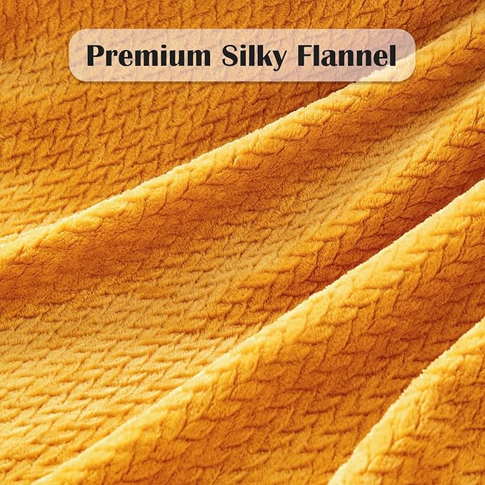 NEWCOSPLAY Super Soft King Blanket Mustard Yellow Premium Silky Flannel Fleece Leaves Pattern Lightweight Bed Blanket All Season Use (Mustard Yellow, King(90"x110"))
