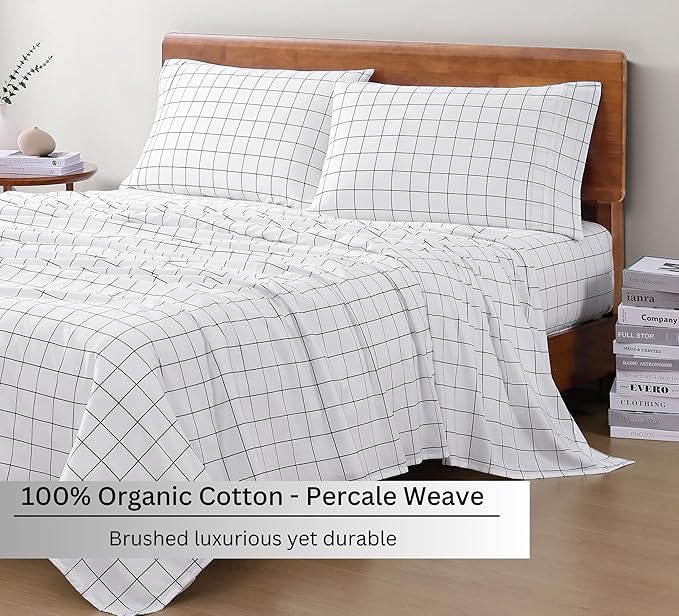 LANE LINEN 100% Organic Cotton Queen Bed Sheet, Fade Resistant Printed Cotton Sheets Low Pill Soft & Comfy Machine Washable Queen Size Deep Pockets Fits Upto 15" - Windowpane