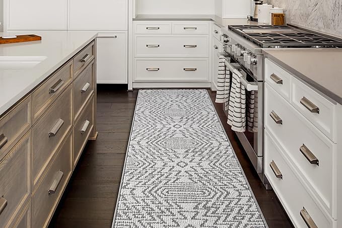 Custom Size Southwestern Style Runner Rug Mat for Wide Hallway Entryway Kitchen Laundry Room with Slip Resistant Latex Rubber Backing, Inca Grey, 31 inch X 8 feet