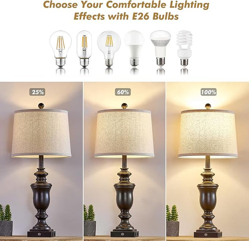 27.5" Set of 2 Farmhouse Table Lamps for Bedroom, 3 Way Dimmable Bedside Lamp with 2 USB +AC Outlet Nightstand Lamps for Living Room Resin Rustic Touch Lamps (Antique Black)