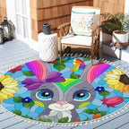 Round Rugs Stained Glass a Portrait Cute Cartoon Rabbit Flowers Rectangular Boho Area Rug Linen and Cotton Carpet Meditation Washable Hallway Runner Mat Accent for Bedroom Bathroom 3ft