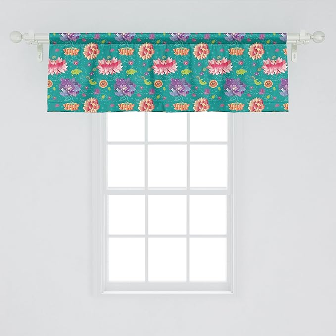Ambesonne Floral Window Valance Pack of 2, Pattern with Lotus Flowers Peonies and Chrysanthemums Oriental Motifs Garden Art, Rod Pocket Curtain Valances for Kitchen Bedroom, 42" X 18", Teal