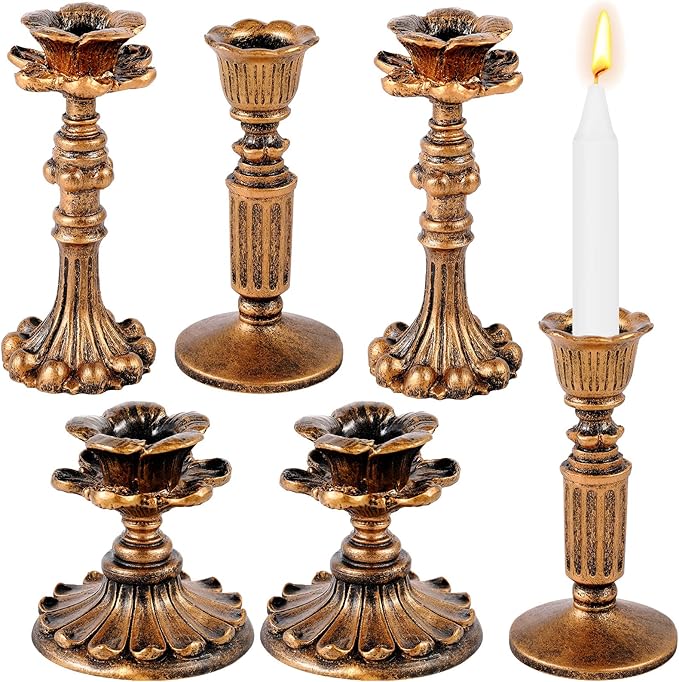 Suclain 6 Pcs Vintage Candlestick Holders Taper Resin Candle Holder Retro Antique Candle Holder Floral Decorative Candlesticks for Wedding Anniversary Table Centerpieces Fireplace Home Decor(Bronze)