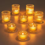 Glasseam Glass Tealight Candle Holder: Set of 8 Ribbed Clear Votive Candle Holders for Table Centerpiece, Decorative Small Vintage Tea Lights Candle Holder for Wedding Christmas Dining Room Decoration