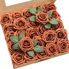 Ling's moment Fall Artificial Flowers 25Pcs Burnt Orange Roses Decor w/Stems,3" Real Touch DIY Foam Floral for Wedding Bouquet/Centerpieces, Outdoors Party Backdrop, Room/Table, and Garden/Pot Decor