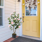 GOFLAME 3FT Artificial Camellia Tree, Faux Camellia Plant with Pink Flowers, Solid Wood Trunk, Realistic Moss, Greenery Potted Decoration Tree for Indoor Outdoor Home Porch Front Door