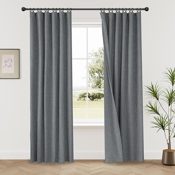 KangBang 100% Blackout Linen Curtains 72Wx84L Inch, Back Tab Room Darkening Neutral Gray Curtains for Offices Living Room, Thermal Insulated Morden Soft Thick Linen Curtains, 2 Panels