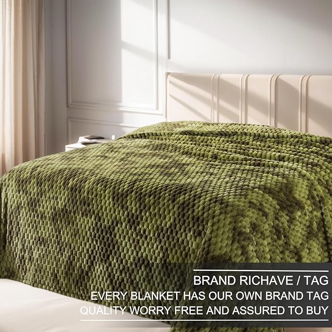 Richave Twin Size Fleece Blanket,Premium Lightweight Anti-Static 66x90 Inches 3D Clouds Stylish Jacquard Velvet Plush Bed Blanket for Twin/Twin XL Extra Long Bed, Tie-dye Olive Green