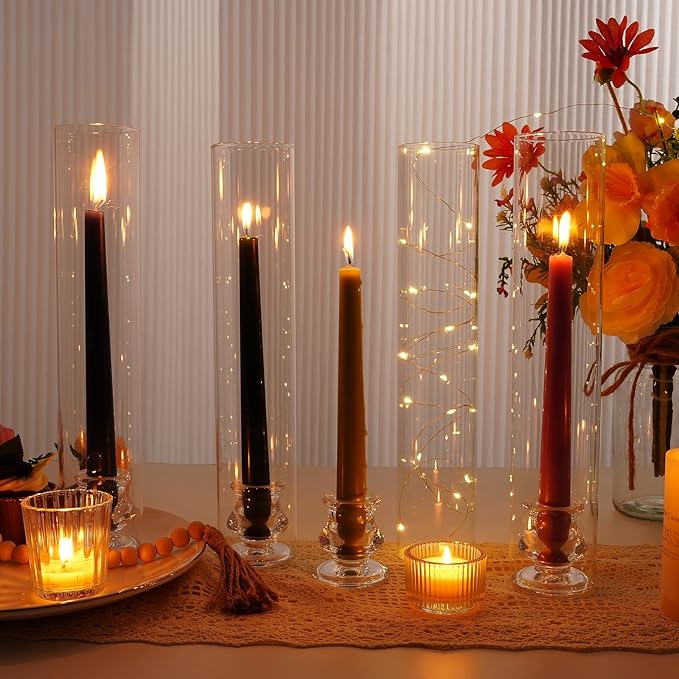 Hurricane Glass Candle Holders, Set of 4 Candlestick Holders for Taper Candle with 11.8" Tall Windproof Cylinder Covers Candle Stand Bulk for Table Centerpieces on Wedding Birthday Housewarming Decor
