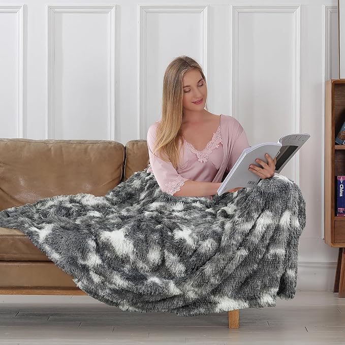 Tuddrom Decorative Extra Soft Faux Fur Blanket Queen Size 80"x90",Solid Reversible Fuzzy Fluffy Plush Fleece Comfy Microfiber Fur Blanket for Couch Sofa Bed,Tie Dye Grey