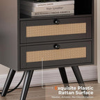 SUPERJARE 2 Drawer Night Stand with Charger Station, Boho Rattan Nightstand Set of 2, 25.2 Inch Tall Bed Side Table with Solid Wood Feet, End Table, Open Storage, Synthetic Rattan, for Bedroom, Black