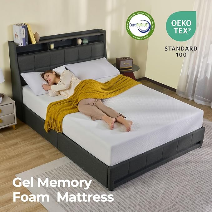 Rolanstar Twin Mattress with Waterproof Mattress Protector, 8 Inch Gel Memory Foam Mattresses in a Box, Fiberglass Free, Breathable for Cool Sleep & Comfy Support, CertiPUR-US Certified, White