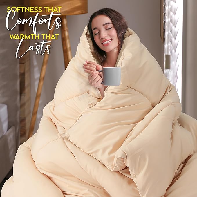 Utopia Bedding Comforter Duvet Insert, Quilted Comforter with Corner Tabs, Box Stitched Down Alternative Comforters Queen Size (Beige)