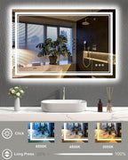 48x32 Inch LED Lighted Bathroom Mirror, Light Up Bathroom Vanity Mirror Unbreakable with 2 Front Lights & Back Lit, 3 Colors Stepless Dimmable, Anti-Fog, Memory Function, Closable Blue Buttons