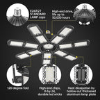 LED Garage Light,Super Bright Screw in E26/E27 Ceiling Shop Work Lamp, 300W 30000 Lumen Deformable Basement Bulb Fixture with 14+1 Adjustable Panels, Lighting for Workshop, Attic