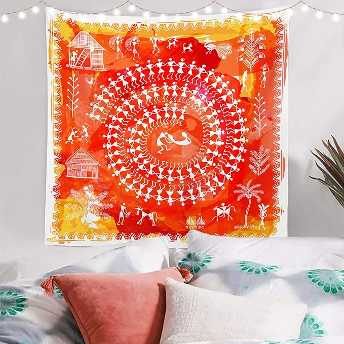 Batmerry Tribal Art Abstract Tapestry, Traditional Ancient Tribal Indian Rural Wall Art Hanging Decoration Polyester Fiber White Ruffled Around for Dorm Room Bedroom Living Room, 59.1x59.1 inches