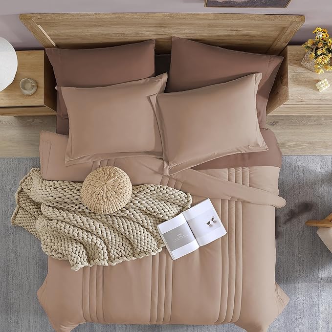 Monbix Full Comforter Set - 7 Pieces Rust Pink Bed in a Bag Full Size Bedding Sets with Comforters, All Seasons Down Alternative Comforter with Sheets,Pillowcases & Shams
