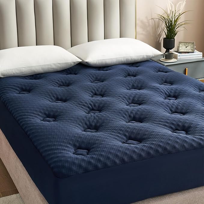 Hansleep King Mattress Topper Viscose Derived from Bamboo, Memory Foam Pillow Top Mattress Topper King with Deep Pocket, Breathable Mattress Pad for Back Pain Relief, 78" x 80", Navy Blue