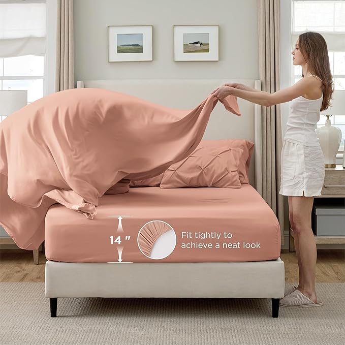 Bedsure California King Comforter Set Dusty Pink - Bed in a Bag California King 7 Pieces, GentleSoft™ Pintuck Bed Set Gift for Family, Pinch Pleat Dusty Pink Comforter with Sheets, Pillowcases & Shams