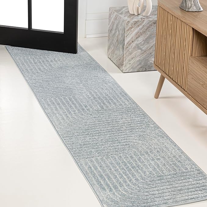 Eyely NCS101F-28 Odense High-Low Minimalist Angle Geometric Light Blue/Cream 2 ft. x 8 ft. Indoor/Outdoor Runner Rug, for Home, Backyard, Patio, Porch, Bedroom, Kitchen, Living Room