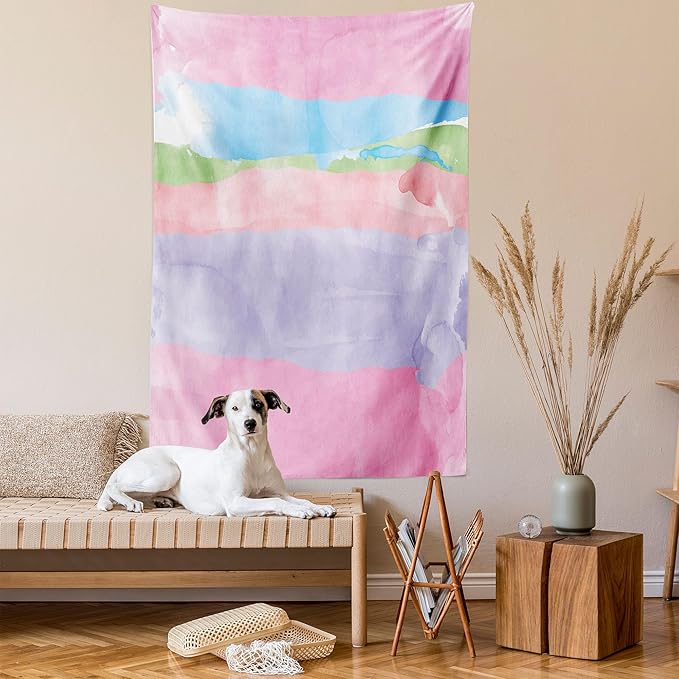 Lunarable Abstract Tapestry Twin Size, Paintbrush Watercolor Large Pastel Horizontal Stripes in Various Tones Boho Print, Wall Hanging Bedspread Bed Cover Wall Decor, Twin Size, Lilac Pink