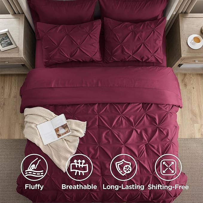 Bedsure Full Size Comforter Sets - Bedding Sets Full 7 Pieces, Pintuck Bed in a Bag Burgundy Bed Set with Comforter, Sheets, Pillowcases & Shams